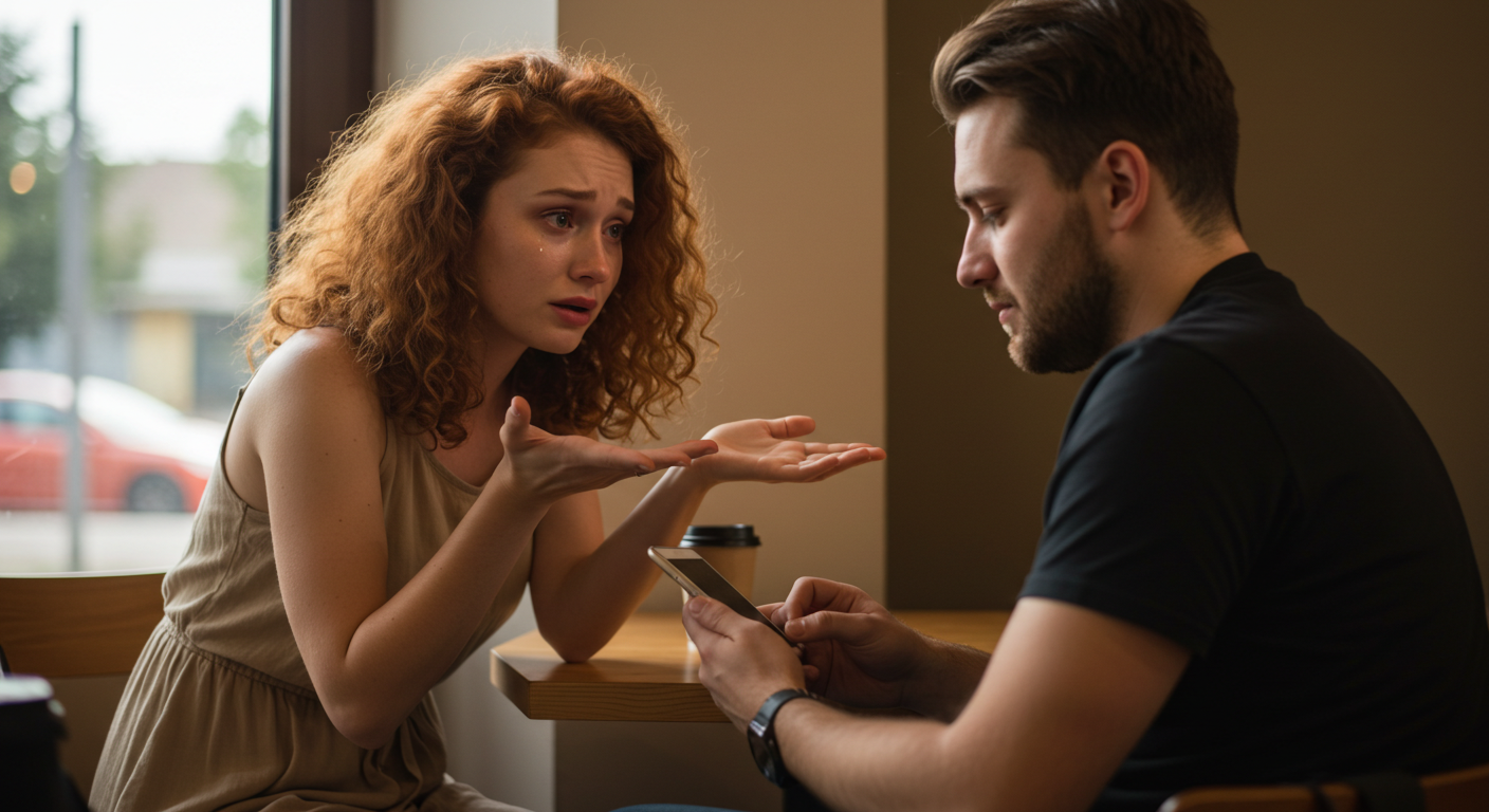 mulher triste tentando conversar com o namorado