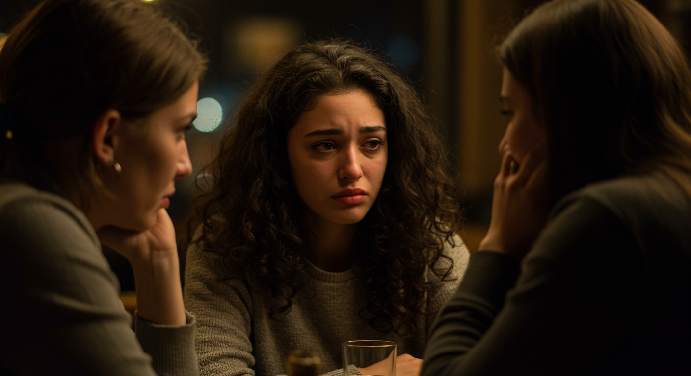 mulher triste conversando com amigas