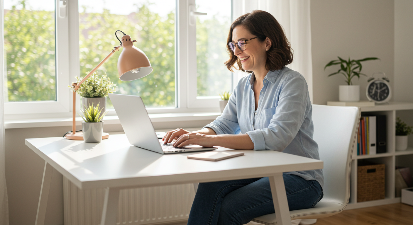 mulher feliz trabalhando em casa com computador
